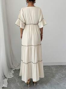 Elenzga 女式优雅度假花卉印花撞色V领喇叭袖长裙