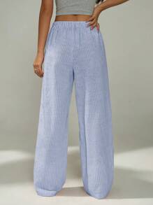 SHEIN PETITE Pantalones casuales de rayas rosa y blanco para el hogar, adecuados para primavera y verano, para damas de estatura baja
