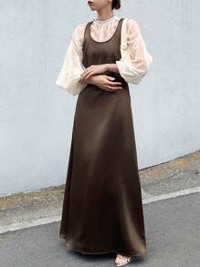 FRIFUL Women's Simple Solid Color Round Neck Camisole Dress, Summer - Brown - View 3