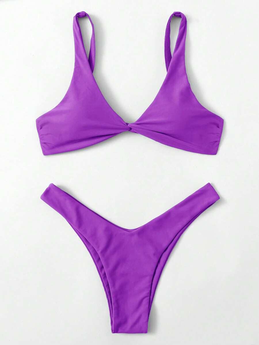 Swim Chiccia Conjunto de bikini sexy con detalle retorcido en unicolor para mujer, ideal para la playa de verano - Morado - Ver 1