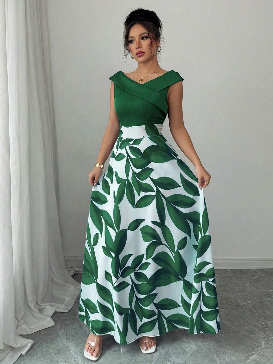 Elenzga Women's Blue Printed Patchwork V-Neck Waisted Flare Casual Holiday Dress - Dark Green - View 1