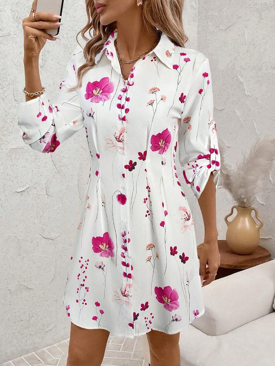 SHEIN Clasi Women's Fashion Versatile Commuter Floral Print Shirt Dress, Autumn/Winter - Hot Pink - View 1