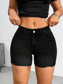 SHEIN ICON Women's Casual Washed Frayed Hem Skinny Denim Shorts - Black - View 5