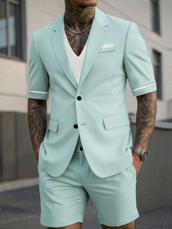 Manfinity Bizformal Jachetă și pantaloni scurți pentru bărbați, culoare solidă, cu nasturi în față, cu mâneci scurte, set de costum de vară, costum de vară, pentru bărbați, bărbați, ținute două piese