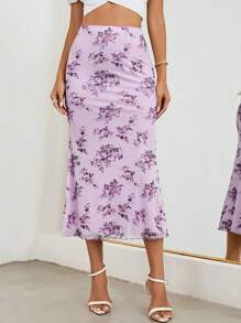 Firerie Women's Romantic Floral Print Mermaid Ruffle Elastic Mesh Skirt,Bohemian Clothes - Lilac Purple - View 3
