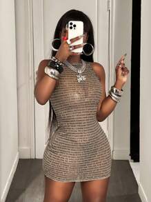BamGleam Sexy Casual Minimalist Sleeveless Bodycon Mini Dress,Summer Simple Round Neck Letter Print Sheer Mesh Fitted Tank Dress For Women Club Party Streetwear Beach Outfits - Apricot - View 5