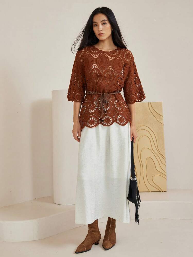 Casual Crochet Fishnet Knitted Short Sleeve Cover Up Cover Up For Women, Summer Business Casual Woman Work Clothes