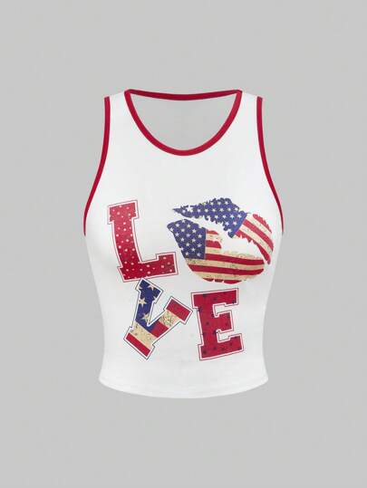 ROMWE Avant ملابس علوية نسائية بياقة مستديرة بدون أكمام، ذات ألوان متباينة، مطبوعة بالأعلام والقلوب والشفاه، مناسبة للحفلات والحفلات الموسيقية