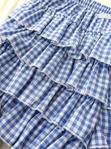 SHEIN Leap Crew Teen Girls Blue Plaid Ruffled Layered Ruched Cute Sweet Shorts - Blue - View 7