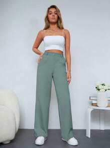 RueChic Women's Solid Color Casual Pockets Straight-Leg Suit Pants, Versatile - Mint Green - View 4