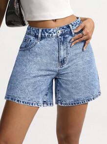 SHEIN EZwear 女士蝴蝶结刺绣口袋休闲牛仔短裤，夏季 - 淺色水洗藍 - 查看 2