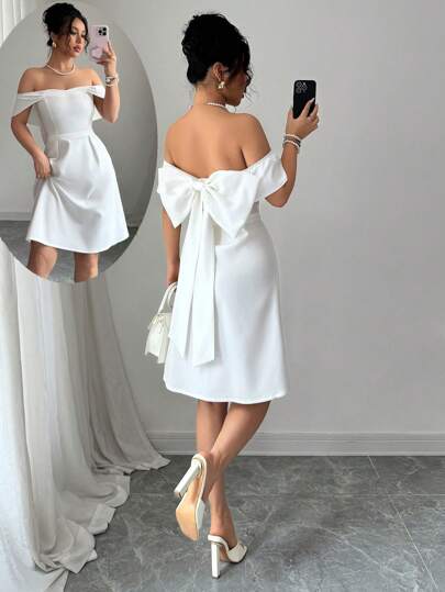 Selianne Women's Elegant Solid Color Off Shoulder Bowknot Maxi Dress, Summer