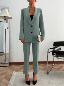 EURMUSE WOMEN ELEGANT SUIT SET WITH BUTTON DETAILED - Mint Green - View 6