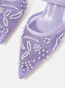 CUCCOO HITCHD Women's Pointed Toe Pearl Embroidery Lace High Heel Mules, Elegant Romantic Light Purple Mesh Dress Shoes, Bridal, Bridesmaid Shoes, Suitable For Afternoon Tea, Dating, Party, Wedding, Banquet