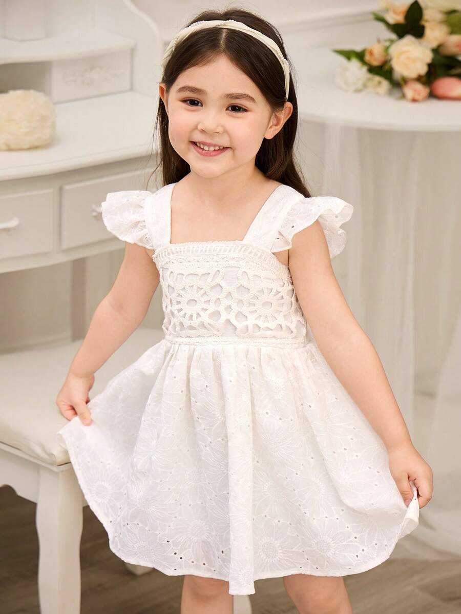 SHEIN Glamorique Kids Young Girls Lace Trim Decor Spaghetti Strap High Waist Formal Dress, Spring/Summer - White - View 1