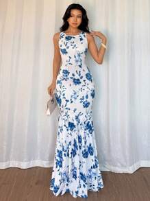 Rafferiza Váy in hoa không tay cho nữ, thanh lịch - Xanh và trắng - Xem 6