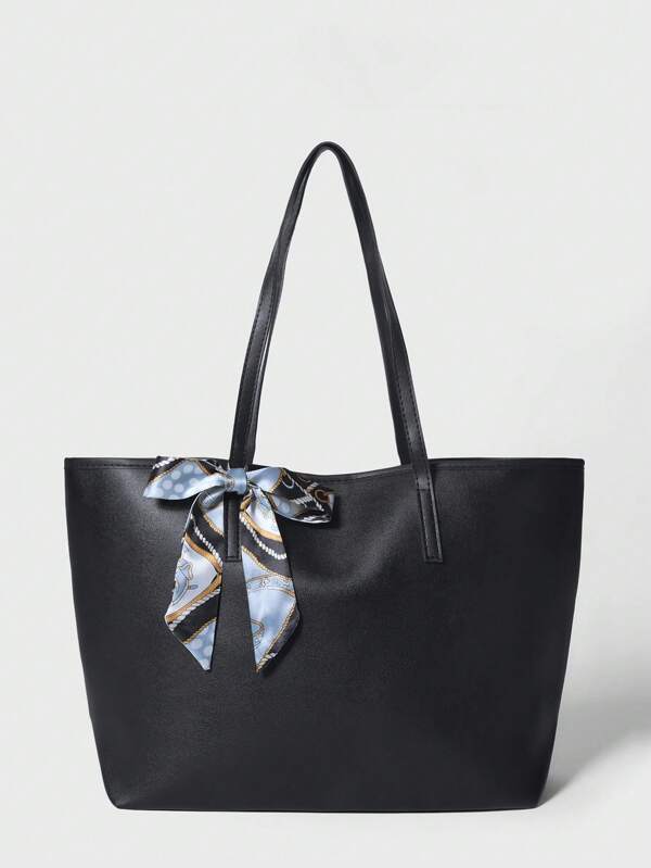 Bow Decor Skinny Scarf Decor Shoulder Tote Bag School Bag, School Backpack, Large Capacity, Portable, Lightweight, Suitable For Teen Girls Women College Students, White-Collar Workers, Rookies & White-Collar Workers, Perfect For Back To School, Work, Business, Commute, Middle School, High School, College, Fashionable Bow Purse For Women