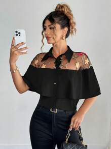 Elenzga Plus Size Women Lace Embroidery Splicing Woven Fabric Design Shirt Women Summer Clothing Woman S Summer Clothes Women Summer Sets Shirts For Women - Black - View 1