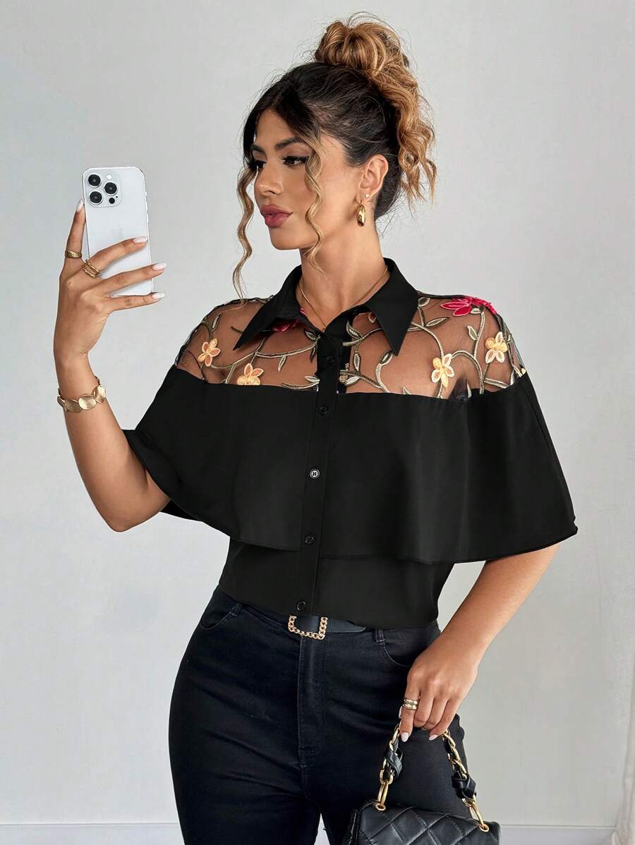 Elenzga Plus Size Women Lace Embroidery Splicing Woven Fabric Design Shirt Women Summer Clothing Woman S Summer Clothes Women Summer Sets Shirts For Women - Black - View 1