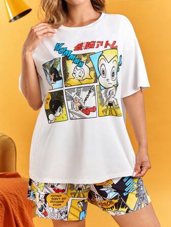 Astro Boy X SHEIN 大码休闲舒适家居白色宽松卡通图案白色上衣和短裤睡衣套装，夏季