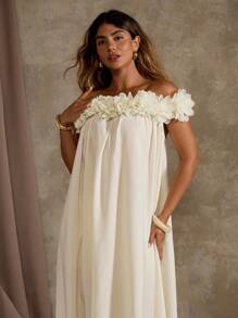 Flirla 大码露肩花卉印花连衣裙，适合海滩和度假 - 杏色 - 查看 5