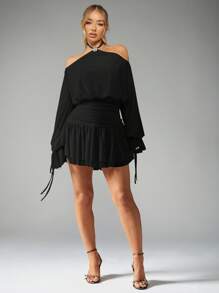 MISSGUIDED PLUS Plus Size Halter Neck Balloon Sleeve Mini Dress Ruched Waist Party Evening Special Occasion Elegant Winter Holiday Fashion - Black - View 3