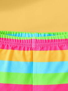 Paul Frank X SHEIN 2 pezzi Set abbigliamento da bambina, maglietta a maniche corte bianca casual con stampa di scimmia e pantaloncini colorati a righe