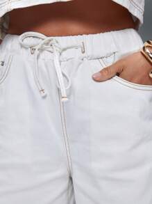 Denimoi Slant Pocket Drawstring Waist Straight Leg Jeans - White - View 2