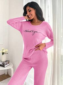 EURMUSE 100% Cotton Women's Round Neck Letter Print Long Sleeve Top And Pants Pajama Set - Pink - View 5