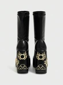 Sugerpunk 女式圆头粗跟刺绣龙纹黑色弹力性感时尚一脚蹬黑色厚底踝靴