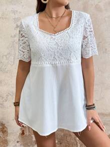 EMERY ROSE 大码女式休闲纯色蕾丝花边 V 领、蕾丝拼布短袖衬衫