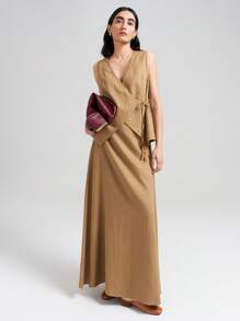 Ontre 2025 New Linen Blend Tie Strap Design Khaki 2 Pieces Skirt Set, Vacation Style Outfit For Music Festival, Concert, Graduation, Beach, Spring/Summer - Khaki - View 4