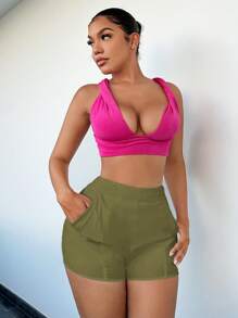 SHEIN SXY Women's Casual Woven Fabric Shorts, Army Green Zipper Detail High-Waisted Short Shorts For Summer - Army Green - View 5