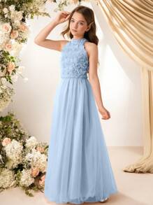 Váy dự tiệc midi lưới chữ A đính hoa 3D cho bé gái tuổi teen, thích hợp cho đám cưới, sinh nhật, biểu diễn - Màu xanh lam - Xem 3