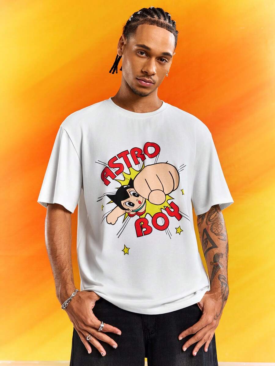Astro Boy X SHEIN Men's Cartoon And Letter Graphic Round Neck Casual Short Sleeve T-Shirt Tee - White - View 1