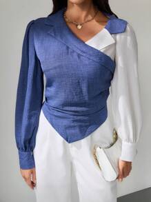 SHEIN Tall Women's Autumn Color Block Ruched Asymmetric Hem Fashion Long Sleeve Blouse, Tall Women - Blue and White - View 1