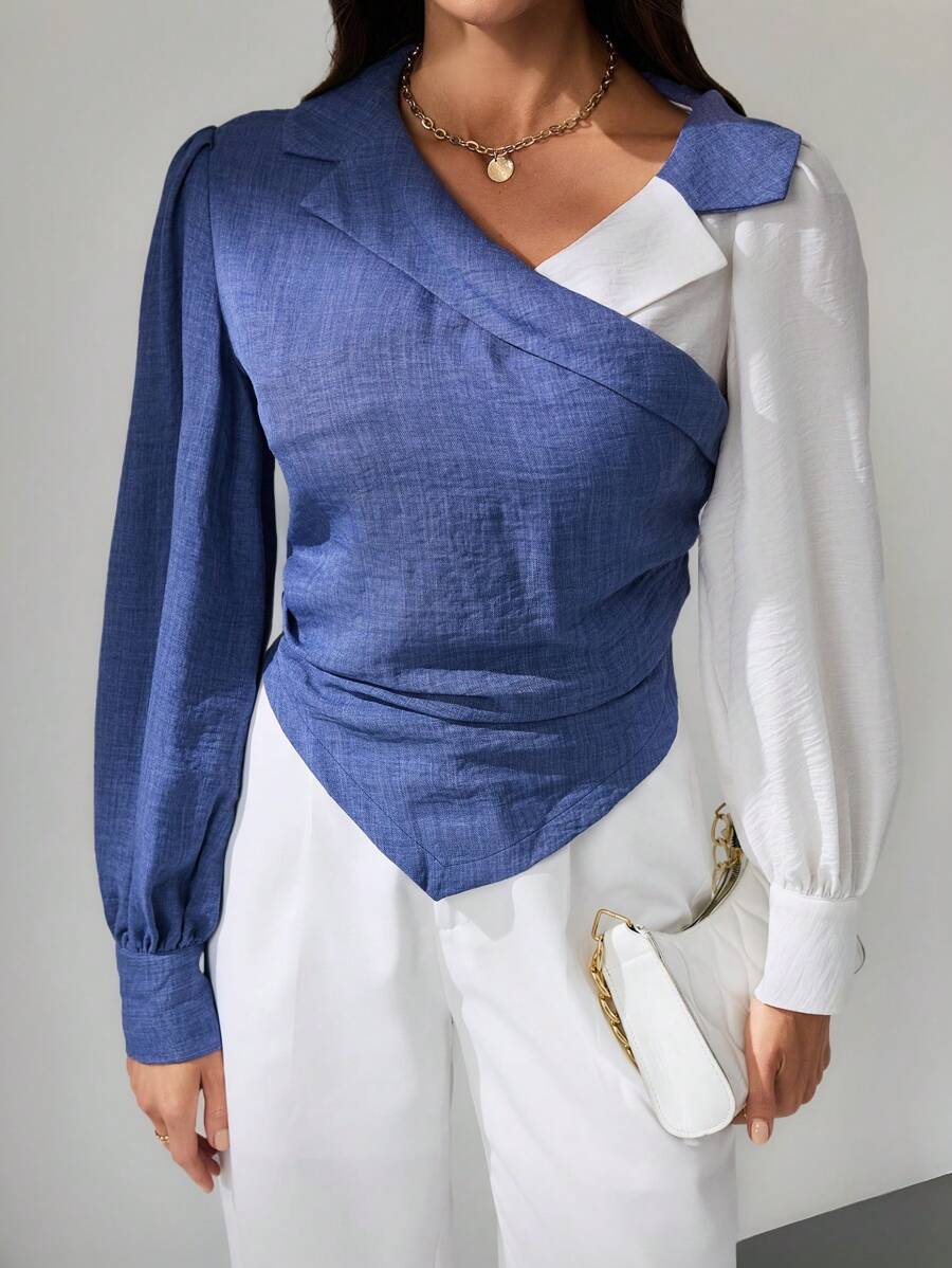 SHEIN Tall Women's Autumn Color Block Ruched Asymmetric Hem Fashion Long Sleeve Blouse, Tall Women - Blue and White - View 1