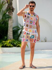 Manfinity Swimmode Men's Bohemian Style Round Neck Sleeveless Knitted Top And Shorts, 2 Pieces Knit Suit Crochet
