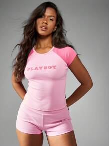 Missguided x Playboy Camiseta de bebé de manga corta con raglán de contraste con puños acanalados