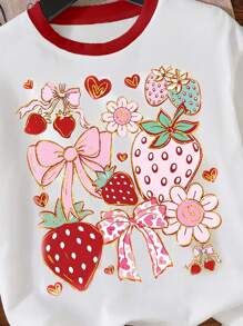 Women's Casual Fashion Creative Faux Gold Foil Strawberry Flower Ribbon Bow Graphic Print Basic Short Sleeve Tee, Casual Style