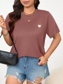 SHEIN Frenchy Plus Size Casual Heart Embroidered Round Neck Short Sleeve T-Shirt