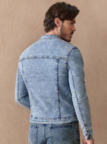 Manfinity NXTstreet Men Ripped Flap Pocket Denim Jacket Plain Blue Casual Denim Jacket - Light Wash - View 4