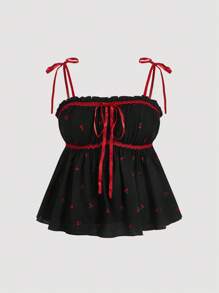 SHEIN MOD Plus Size Women Cherry Print Ruched Tie Bow Camisole - Black - View 1