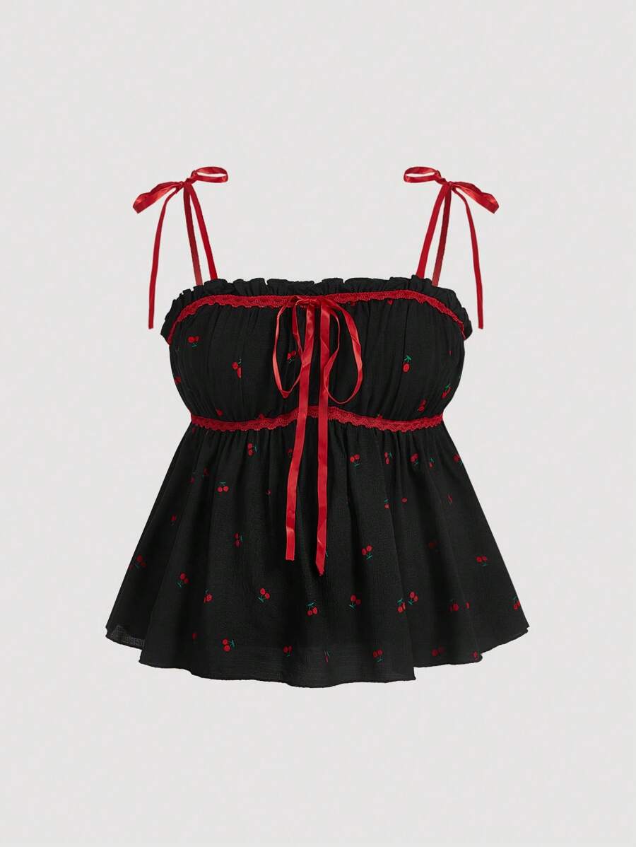 SHEIN MOD Plus Size Women Cherry Print Ruched Tie Bow Camisole - Black - View 1
