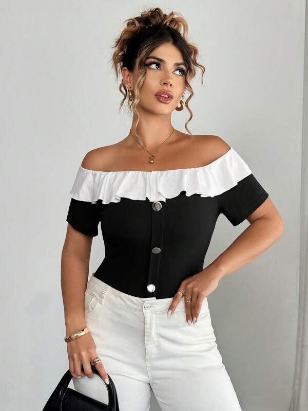 Elenzga Plus Size Women's Fashionable Black & White Ruffle Off Shoulder Elegant Casual Vacation T-Shirt, Vacation Wear, Spring/Summer Women S Summer Shirts Women S Clothes Woman S Summer Clothes Women Plus Clothing Formal