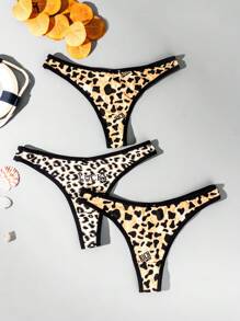 SHEIN 3pcs/Pack Leopard Print Contrast Trim Sexy G-String Panties - Multicolor - View 6