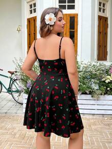 SHEIN EZwear 女式大码樱桃图案针织细肩带连衣裙，带荷叶边饰边，夏季 - 黑色 - 查看 2