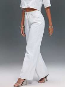 Denimoi Slant Pocket Drawstring Waist Straight Leg Jeans - White - View 4