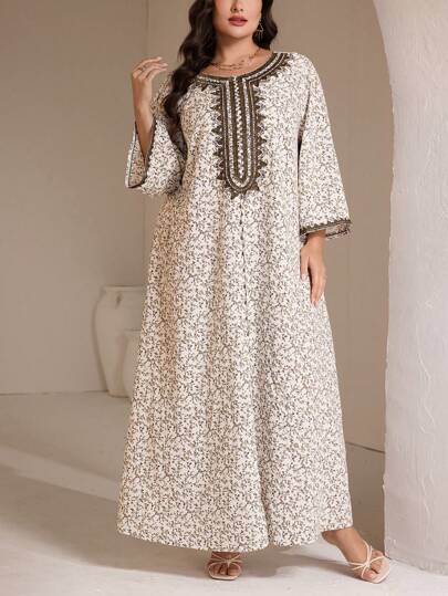 Al Najma 大码女式花卉印花宽松阿拉伯风格长袖长裙