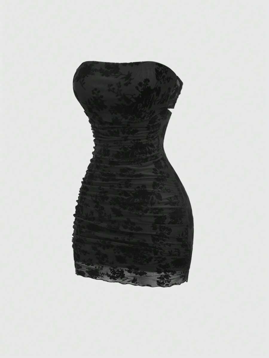 Sweetra 女式复古风天鹅绒花卉印花无袖紧身迷你连衣裙，修身，夏季 - 黑色 - 查看 1